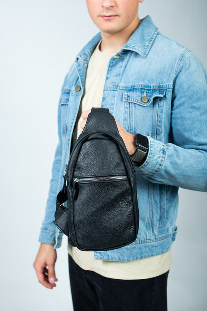Mens Leather Chest Bag Black Handmade Sling Bag Gift for Him