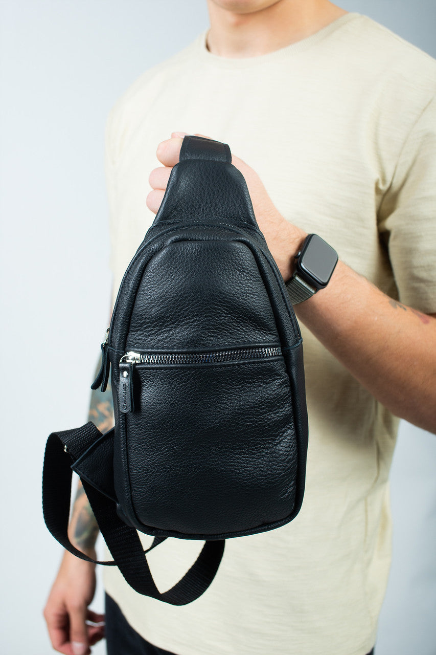 Mens Leather Chest Bag Black Handmade Sling Bag Gift for Him