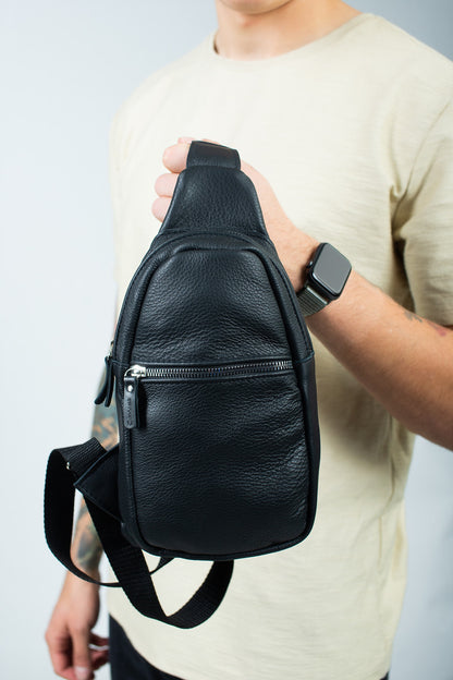 Mens Leather Chest Bag Black Handmade Sling Bag Gift for Him