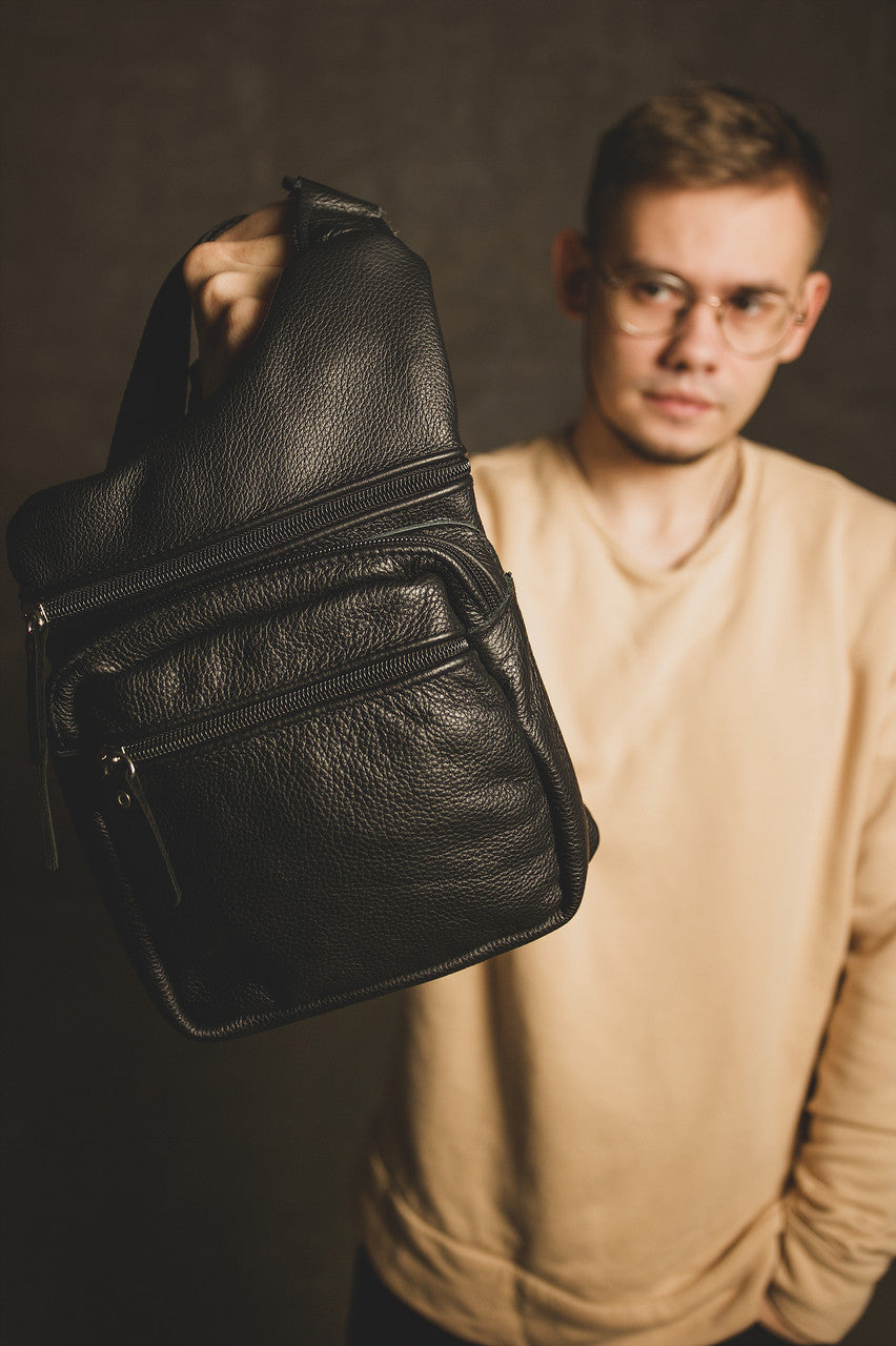 Handmade Mens Black Leather Sling Bag Premium Chest Bag Gift For Him
