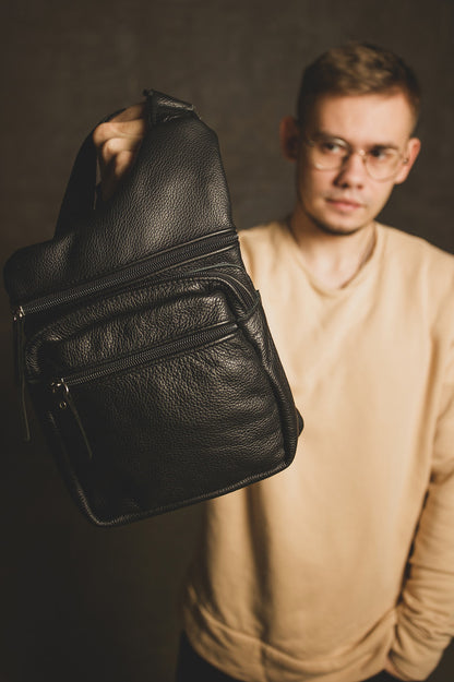 Handmade Mens Black Leather Sling Bag Premium Chest Bag Gift For Him