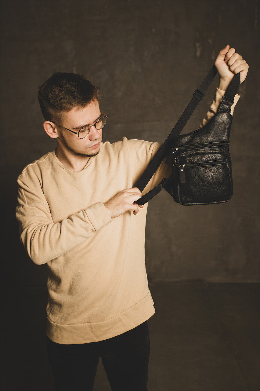 Handmade Mens Black Leather Sling Bag Premium Chest Bag Gift For Him