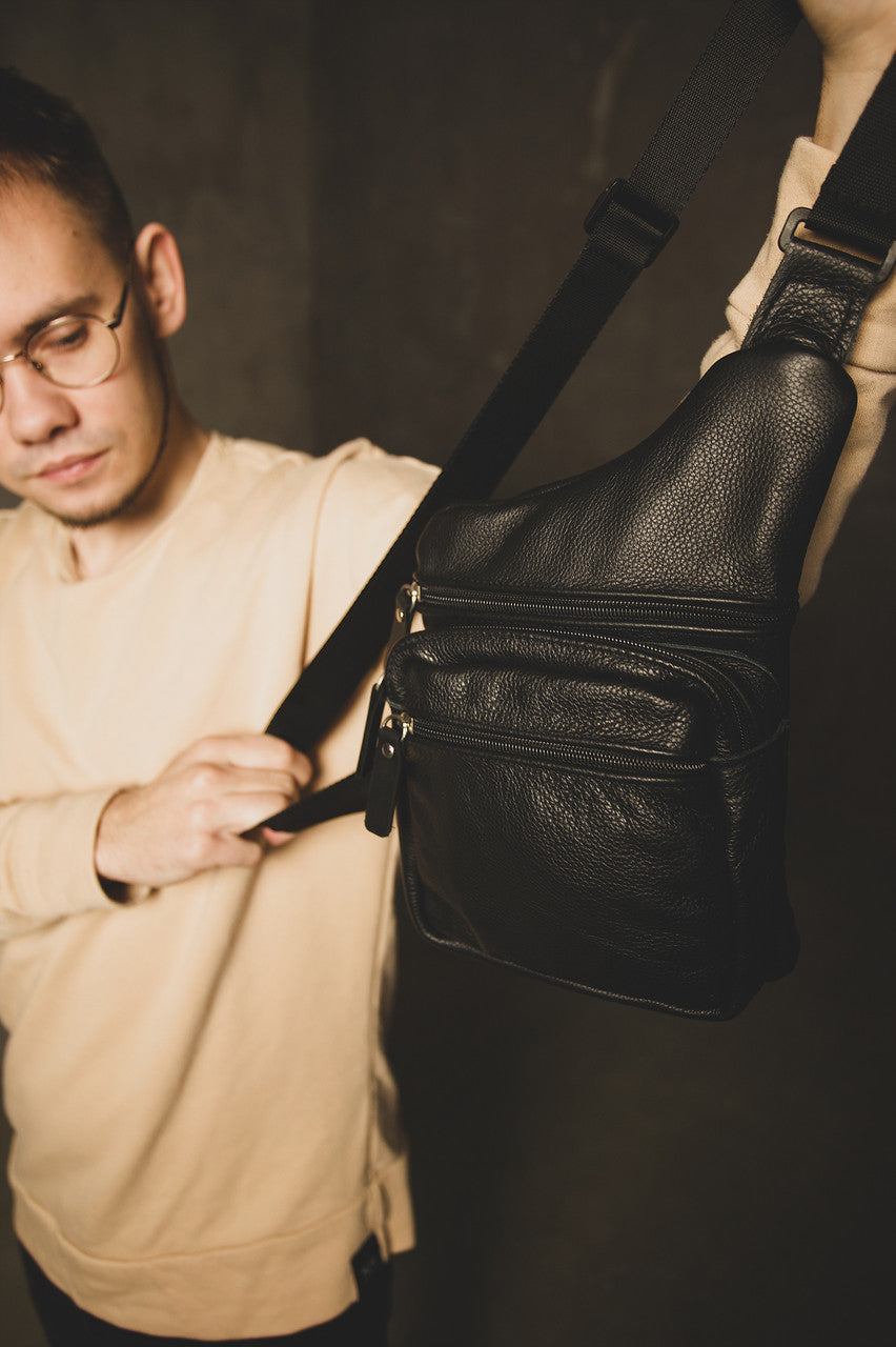 Handmade Mens Black Leather Sling Bag Premium Chest Bag Gift For Him