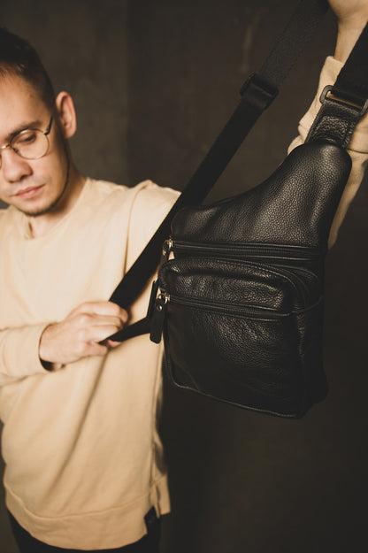 Handmade Mens Black Leather Sling Bag Premium Chest Bag Gift For Him