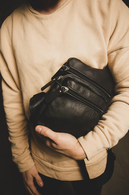 Handmade Mens Black Leather Sling Bag Premium Chest Bag Gift For Him