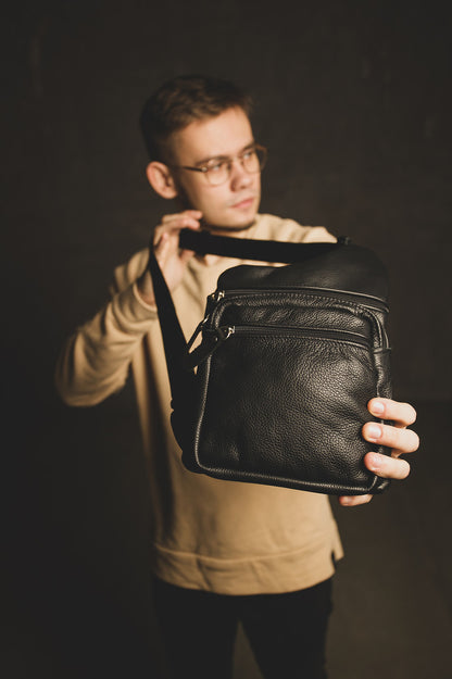 Handmade Mens Black Leather Sling Bag Premium Chest Bag Gift For Him