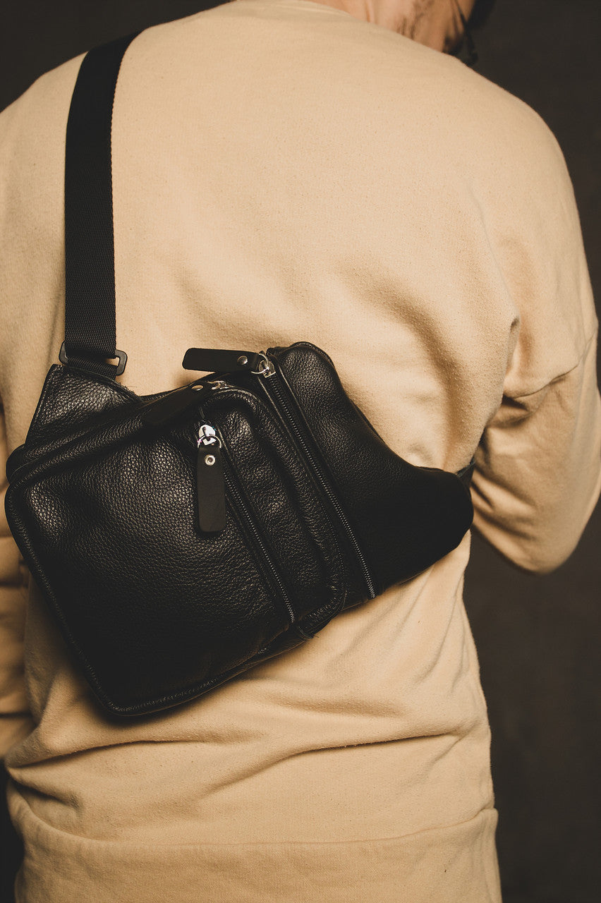 Handmade Mens Black Leather Sling Bag Premium Chest Bag Gift For Him