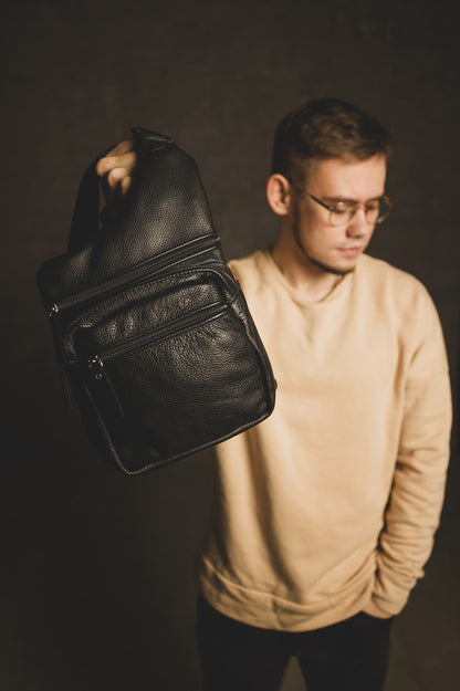 Handmade Mens Black Leather Sling Bag Premium Chest Bag Gift For Him