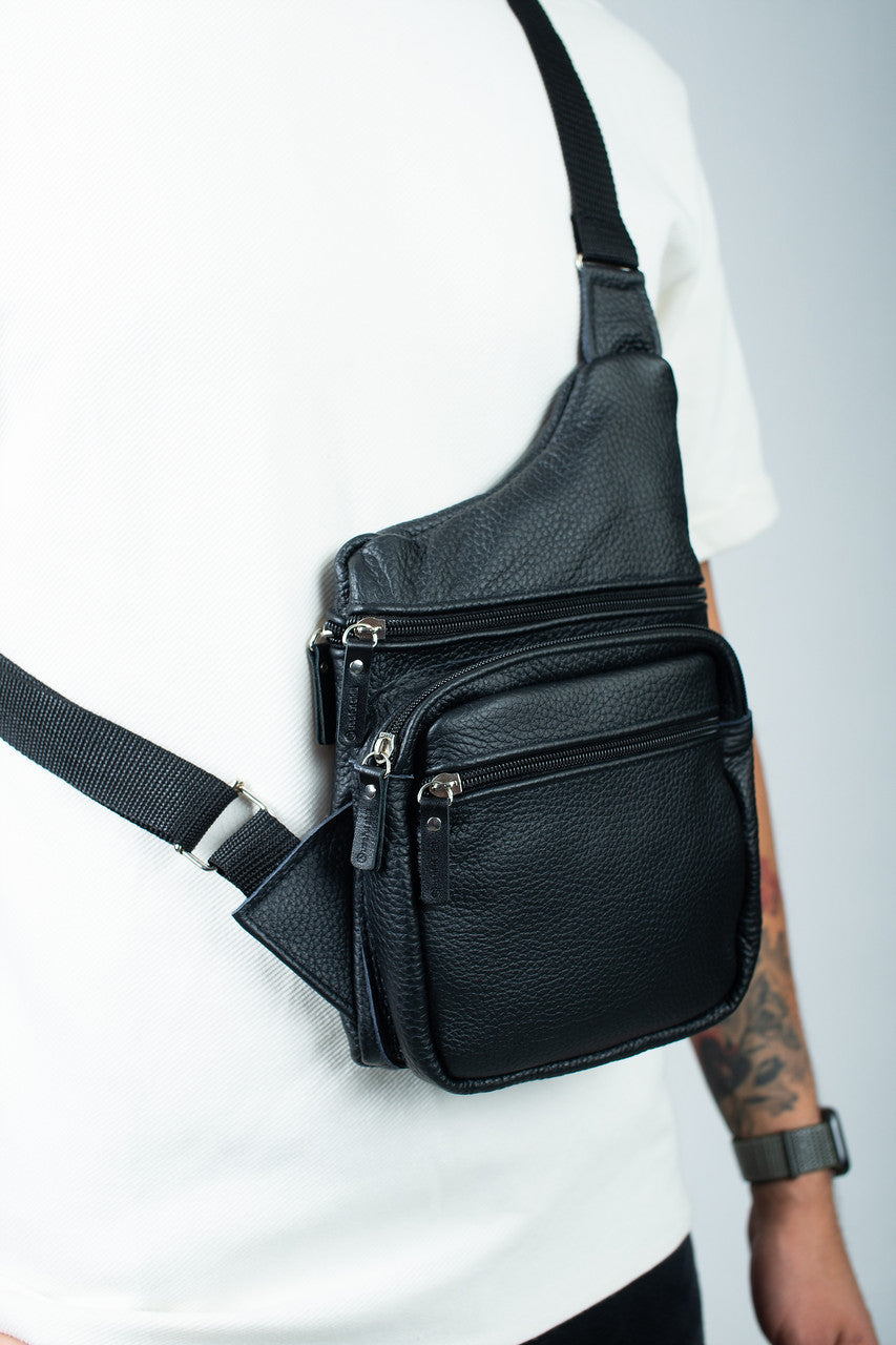 Mens Black Genuine Leather Chest Bag Handmade Gift for Him Sling Crossbody