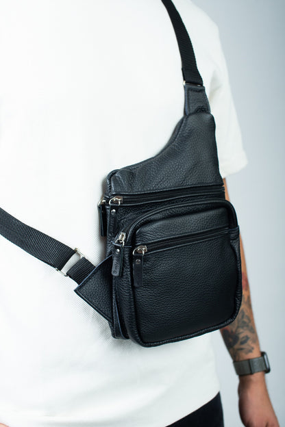 Mens Black Genuine Leather Chest Bag Handmade Gift for Him Sling Crossbody