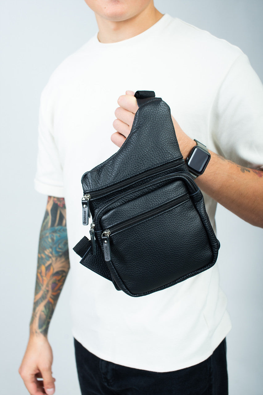 Mens Black Genuine Leather Chest Bag Handmade Gift for Him Sling Crossbody