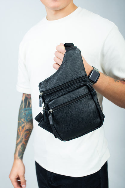 Mens Black Genuine Leather Chest Bag Handmade Gift for Him Sling Crossbody