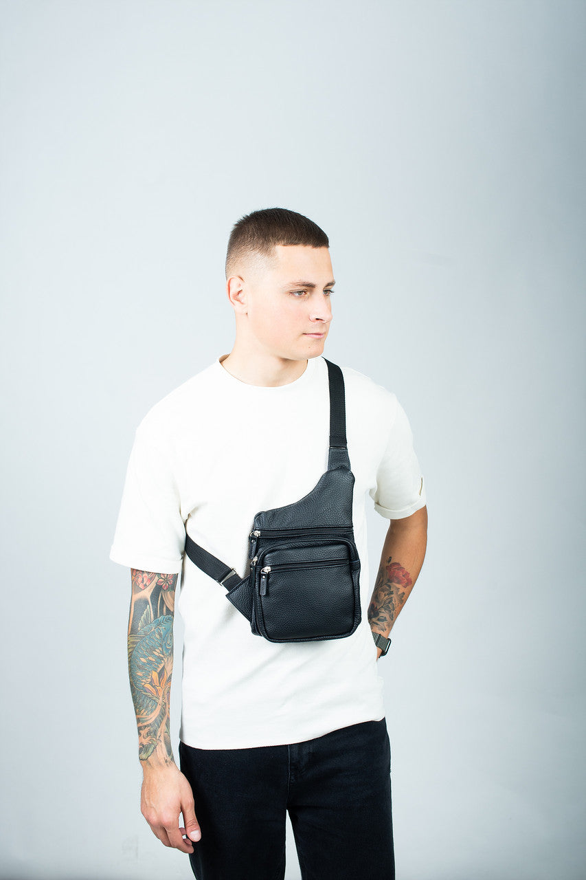 Mens Black Genuine Leather Chest Bag Handmade Gift for Him Sling Crossbody