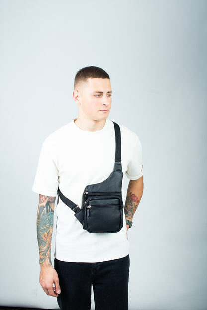 Mens Black Genuine Leather Chest Bag Handmade Gift for Him Sling Crossbody