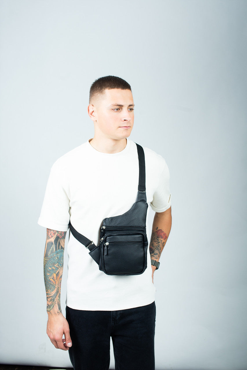 Mens Black Genuine Leather Chest Bag Handmade Gift for Him Sling Crossbody
