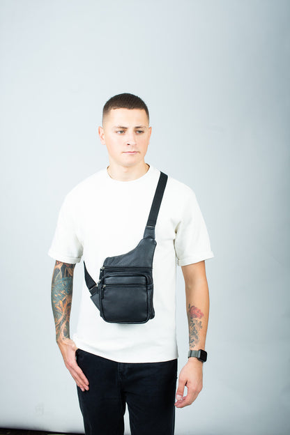 Mens Black Genuine Leather Chest Bag Handmade Gift for Him Sling Crossbody