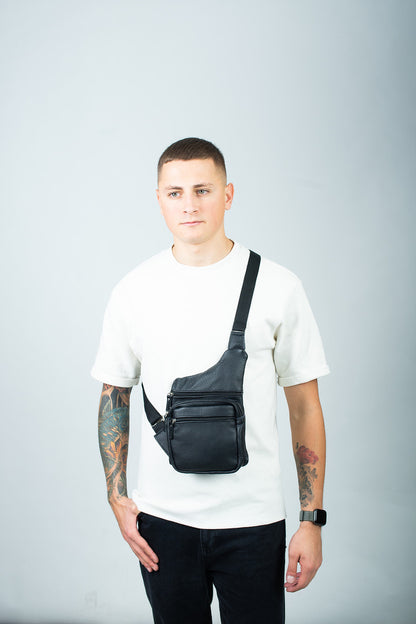 Mens Black Genuine Leather Chest Bag Handmade Gift for Him Sling Crossbody