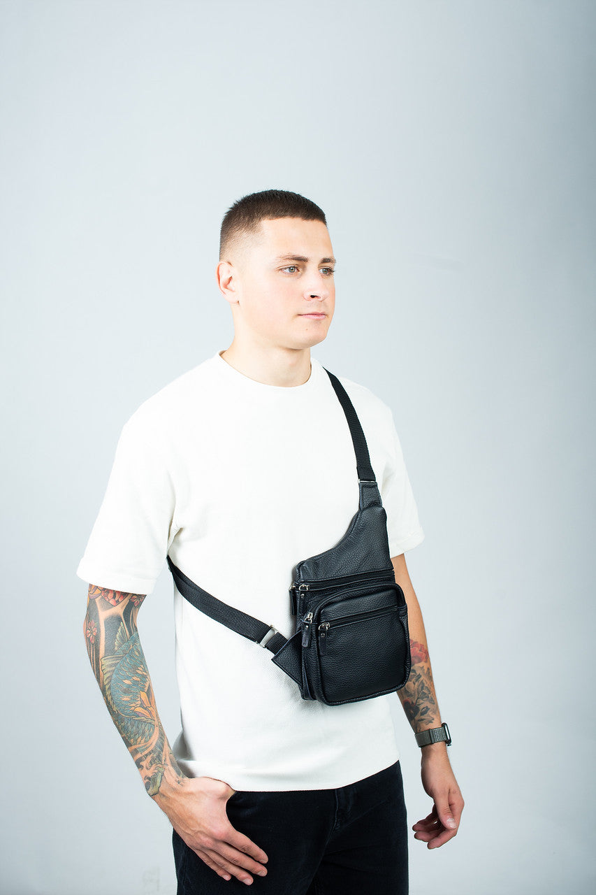 Mens Black Genuine Leather Chest Bag Handmade Gift for Him Sling Crossbody