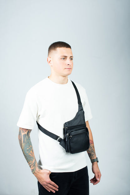 Mens Black Genuine Leather Chest Bag Handmade Gift for Him Sling Crossbody