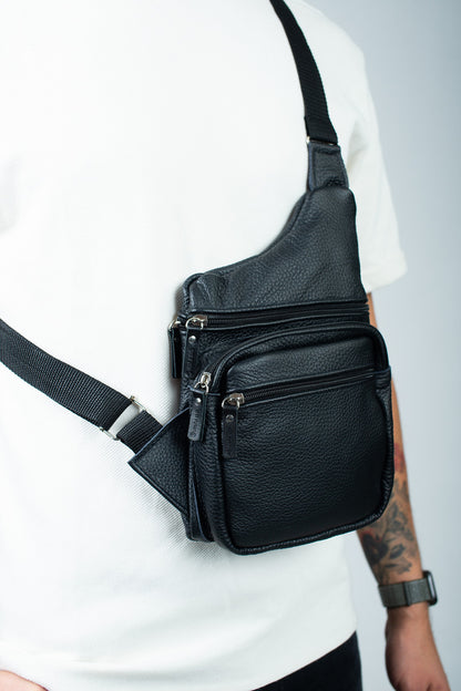 Mens Black Genuine Leather Chest Bag Handmade Gift for Him Sling Crossbody