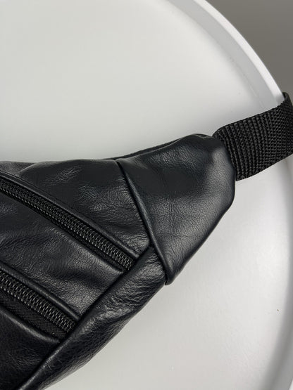 Handmade Black Genuine Leather Mens Banana Bag Waist Bag Gift for Him
