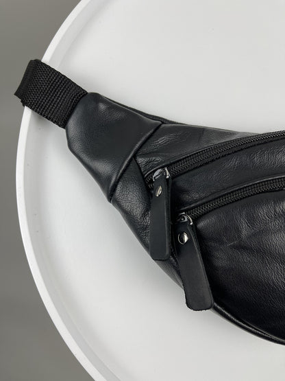 Handmade Black Genuine Leather Mens Banana Bag Waist Bag Gift for Him