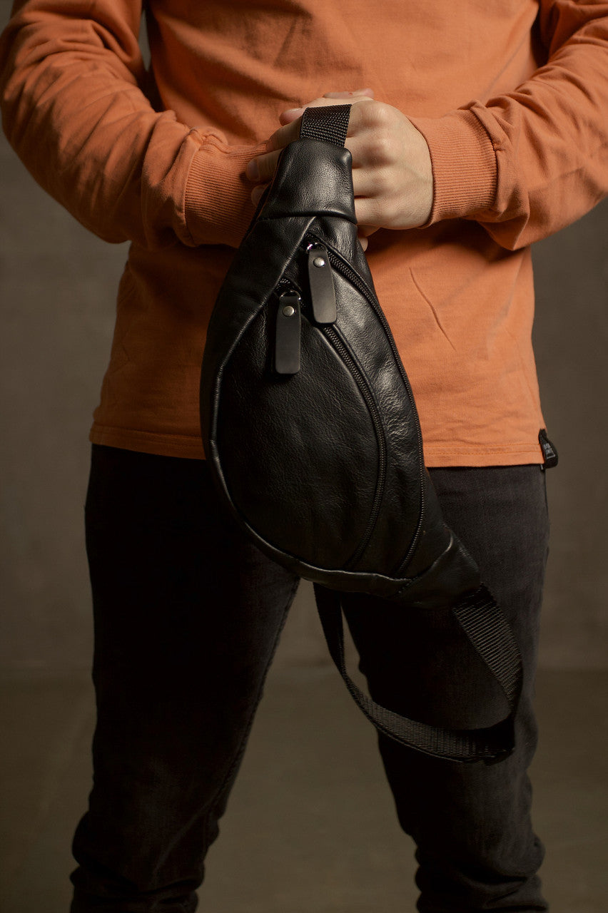 Handmade Black Leather Mens Belt Bag Fanny Pack Sling Bag Gift for Him Zippered