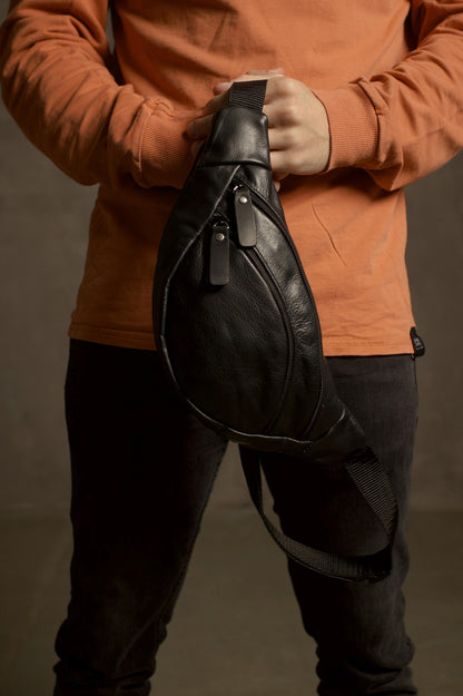 Handmade Black Leather Mens Belt Bag Fanny Pack Sling Bag Gift for Him Zippered