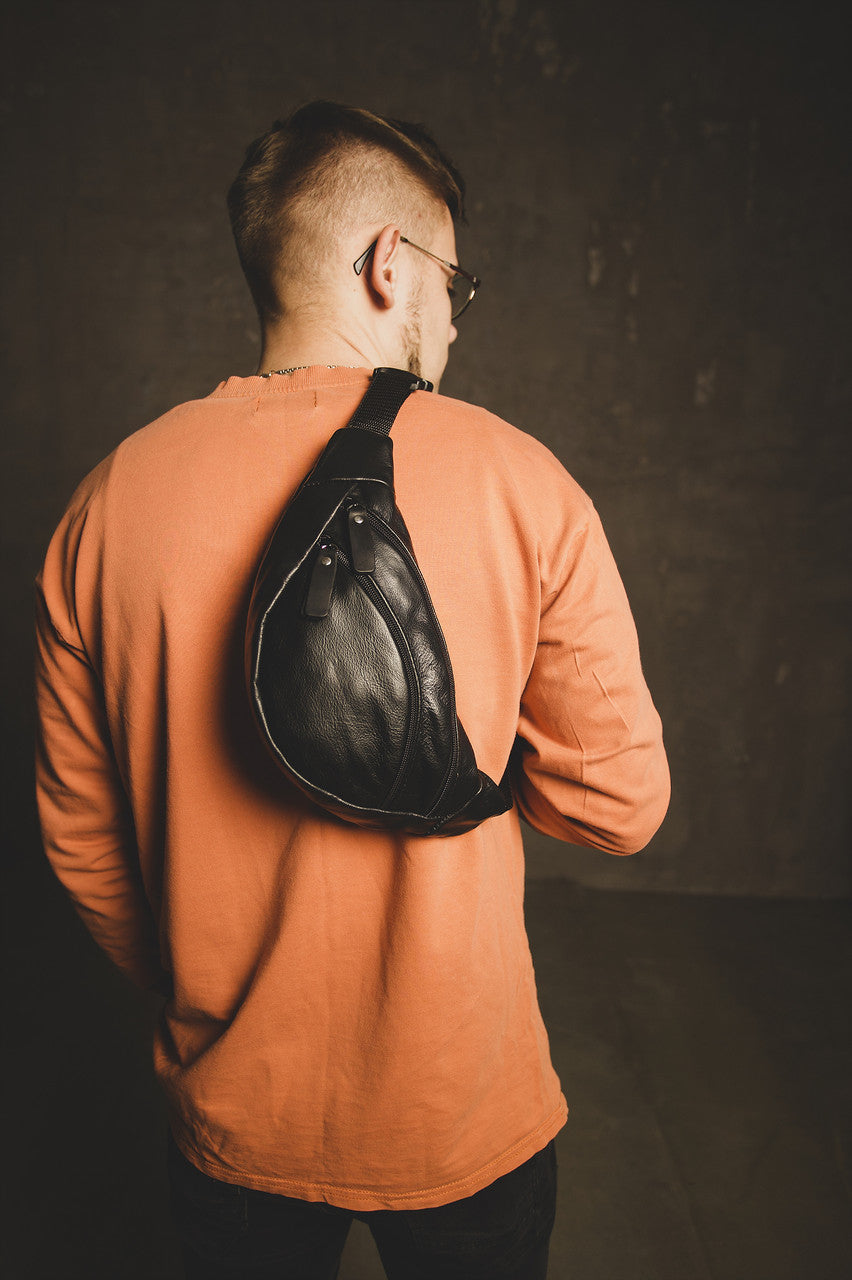 Handmade Black Leather Mens Belt Bag Fanny Pack Sling Bag Gift for Him Zippered