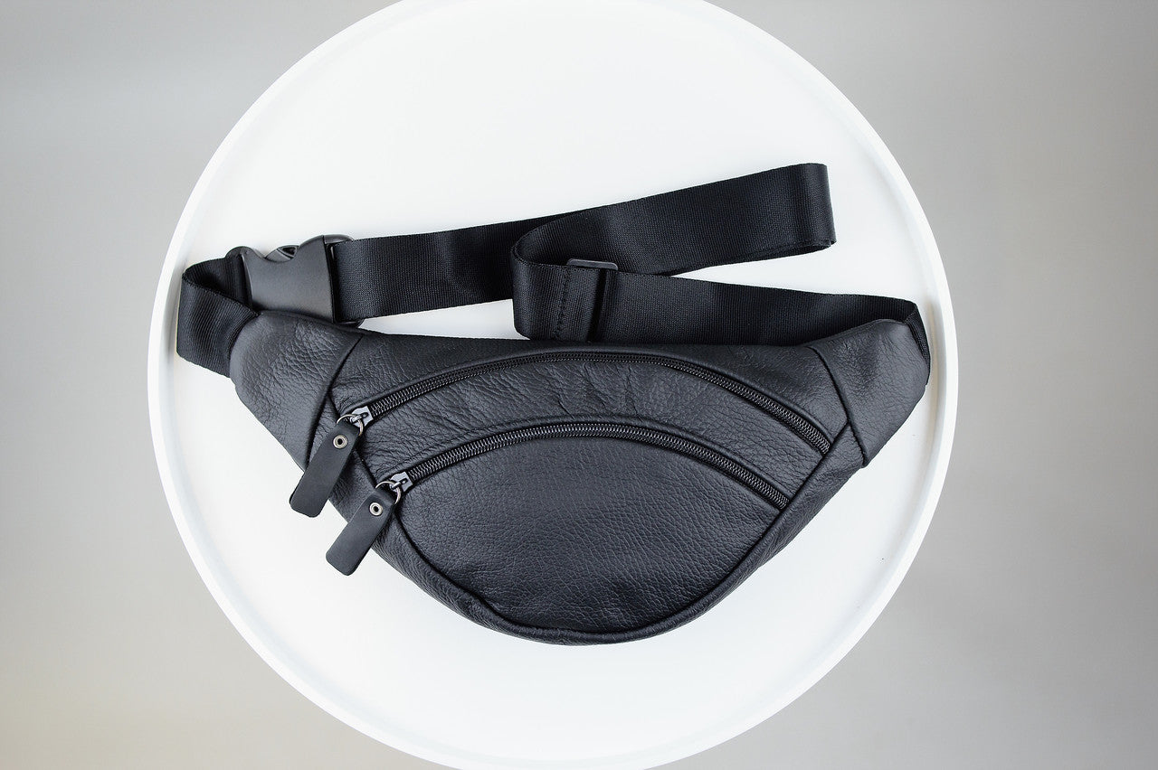 Mens Handmade Genuine Leather Waist Bag Black Banana Bag Fanny Pack Gift for Him