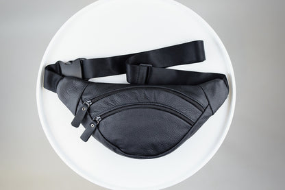 Mens Handmade Genuine Leather Waist Bag Black Banana Bag Fanny Pack Gift for Him
