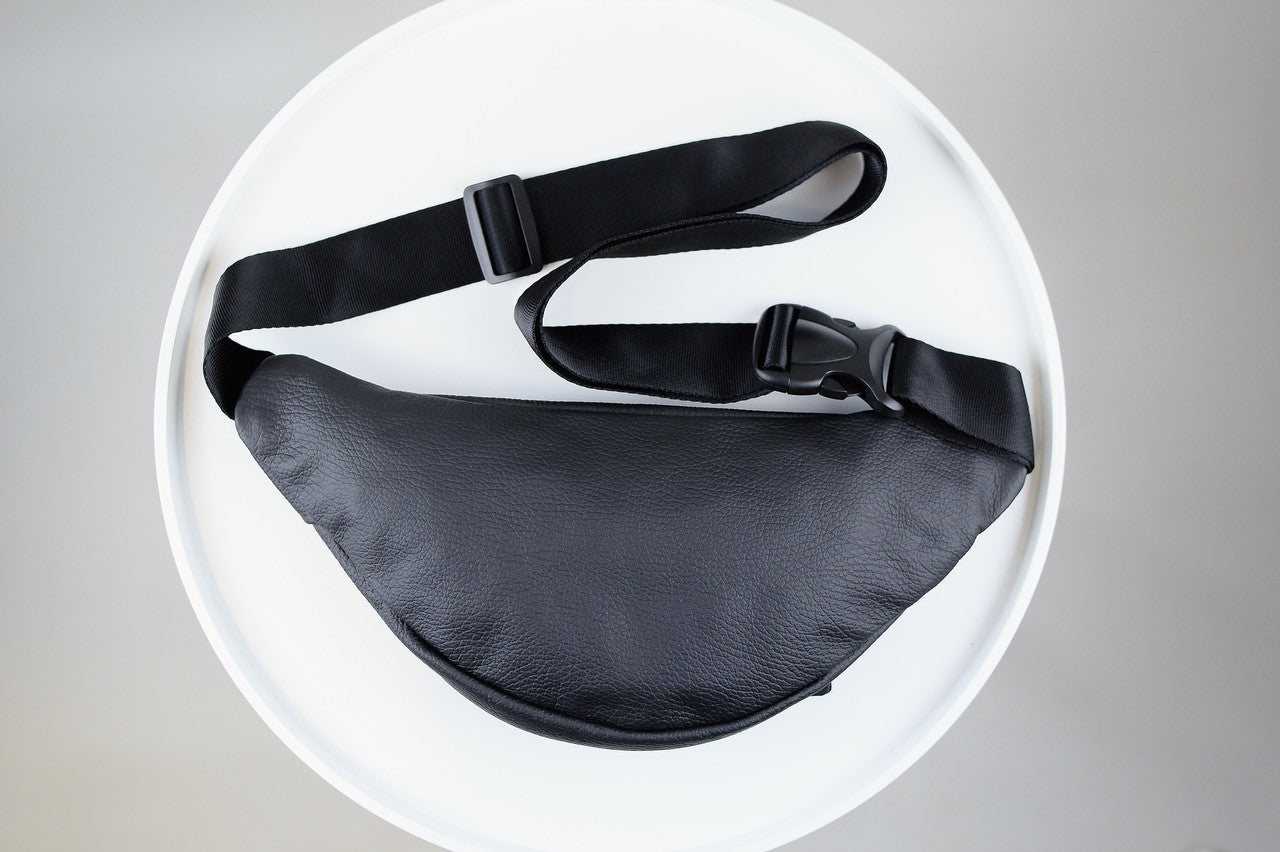 Mens Handmade Genuine Leather Waist Bag Black Banana Bag Fanny Pack Gift for Him