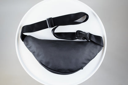 Mens Handmade Genuine Leather Waist Bag Black Banana Bag Fanny Pack Gift for Him