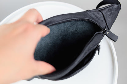 Mens Handmade Genuine Leather Waist Bag Black Banana Bag Fanny Pack Gift for Him