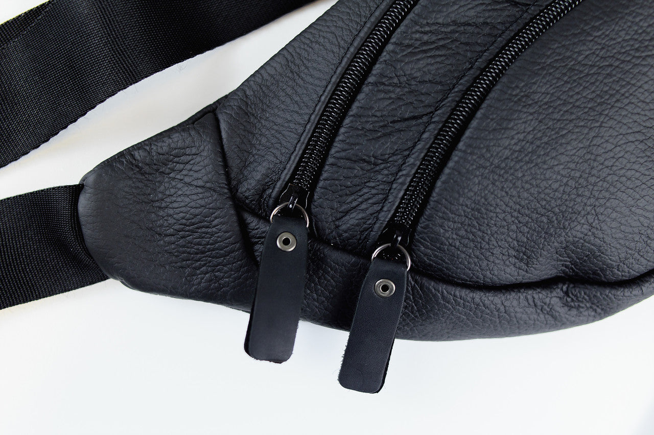 Mens Handmade Genuine Leather Waist Bag Black Banana Bag Fanny Pack Gift for Him