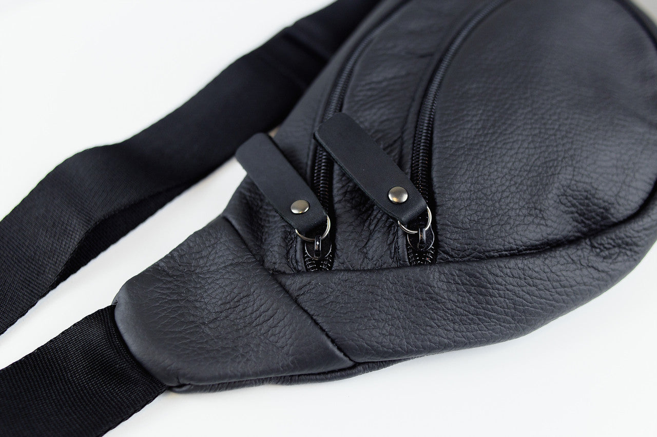 Mens Handmade Genuine Leather Waist Bag Black Banana Bag Fanny Pack Gift for Him