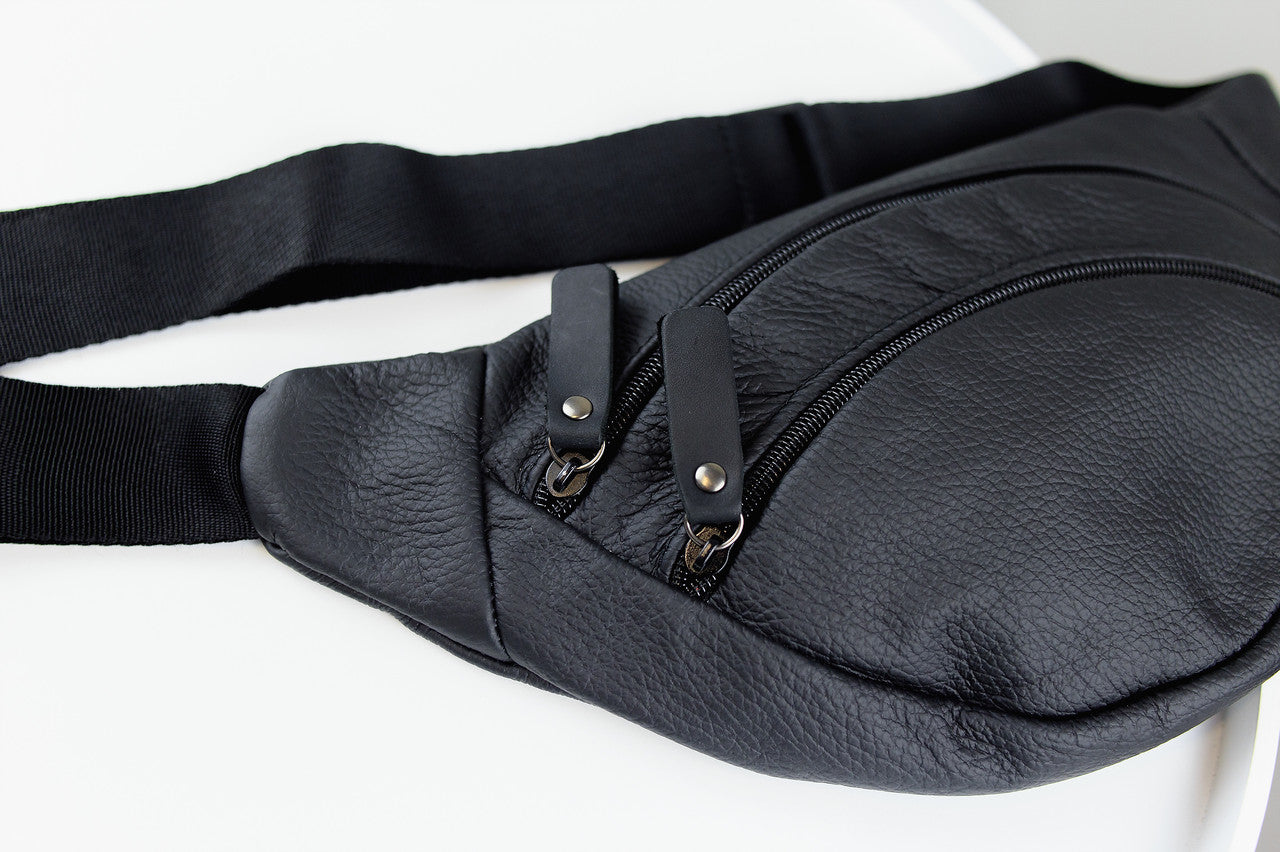 Mens Handmade Genuine Leather Waist Bag Black Banana Bag Fanny Pack Gift for Him