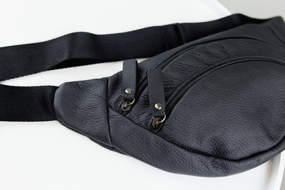 Mens Handmade Genuine Leather Waist Bag Black Banana Bag Fanny Pack Gift for Him