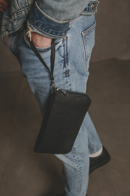Mens SKILL Leather Clutch Wallet Genuine Leather Black Handmade Gift for Him