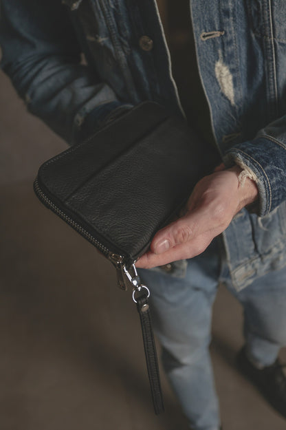 Mens SKILL Leather Clutch Wallet Genuine Leather Black Handmade Gift for Him
