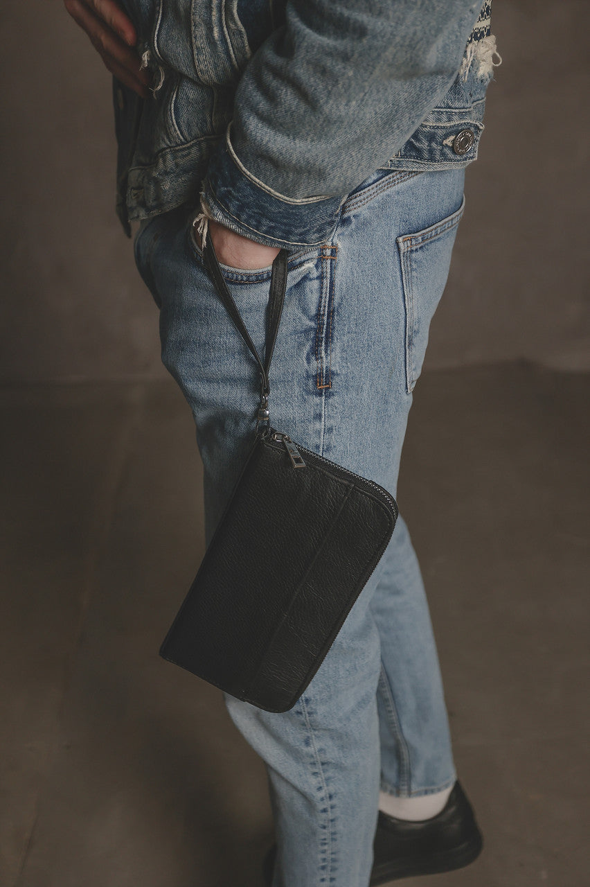 Mens SKILL Leather Clutch Wallet Genuine Leather Black Handmade Gift for Him