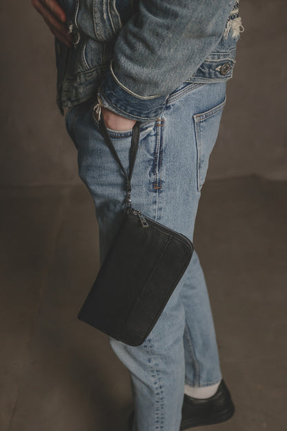 Mens SKILL Leather Clutch Wallet Genuine Leather Black Handmade Gift for Him