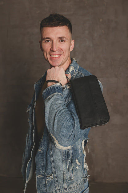 Mens SKILL Leather Clutch Wallet Genuine Leather Black Handmade Gift for Him