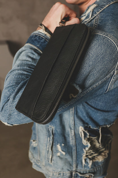 Mens SKILL Leather Clutch Wallet Genuine Leather Black Handmade Gift for Him