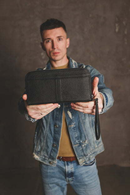 Mens SKILL Leather Clutch Wallet Genuine Leather Black Handmade Gift for Him
