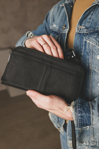 Mens SKILL Leather Clutch Wallet Genuine Leather Black Handmade Gift for Him