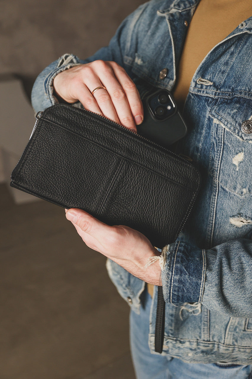 Mens SKILL Leather Clutch Wallet Genuine Leather Black Handmade Gift for Him
