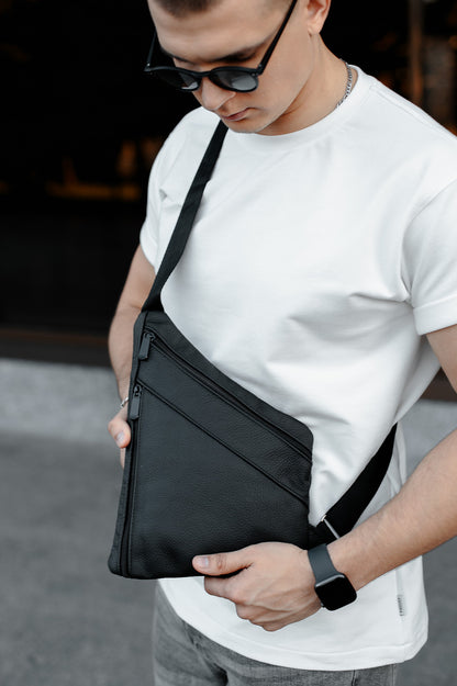 Handmade Mens Black Genuine Leather Sling Bag Crossbody Chest Bag Gift for Him