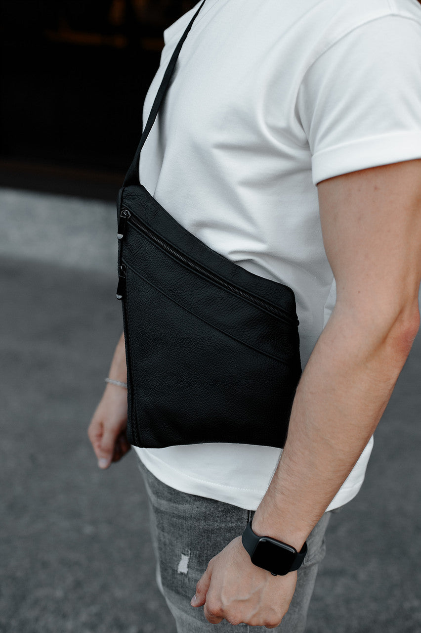 Handmade Mens Black Genuine Leather Sling Bag Crossbody Chest Bag Gift for Him