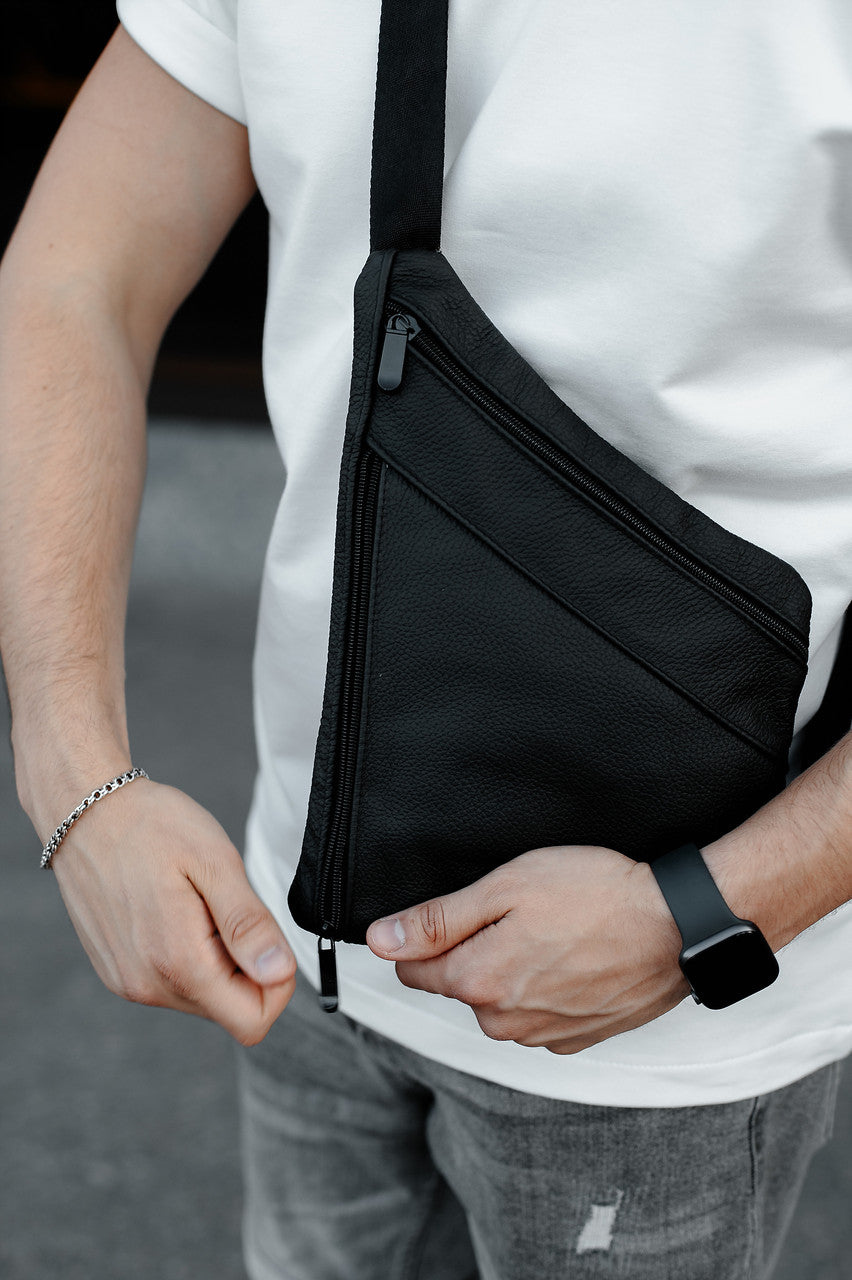 Handmade Mens Black Genuine Leather Sling Bag Crossbody Chest Bag Gift for Him